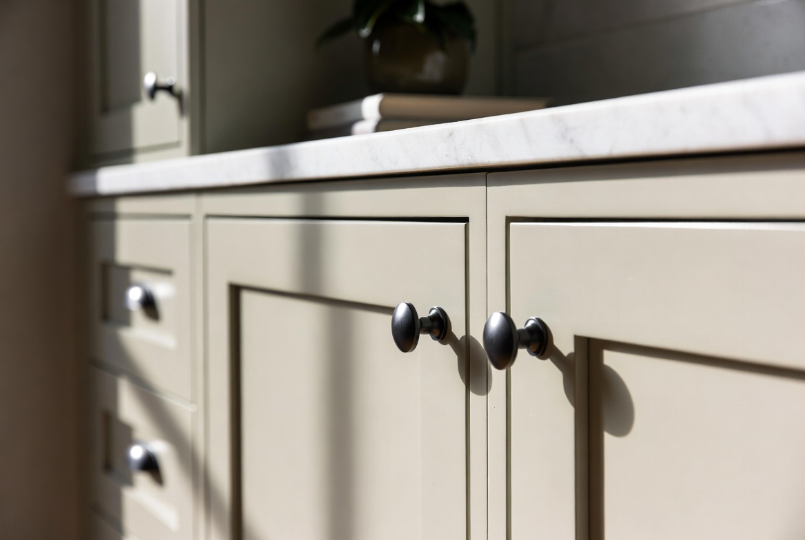 Knurled bronze cabinet knobs on sage green cabinetry